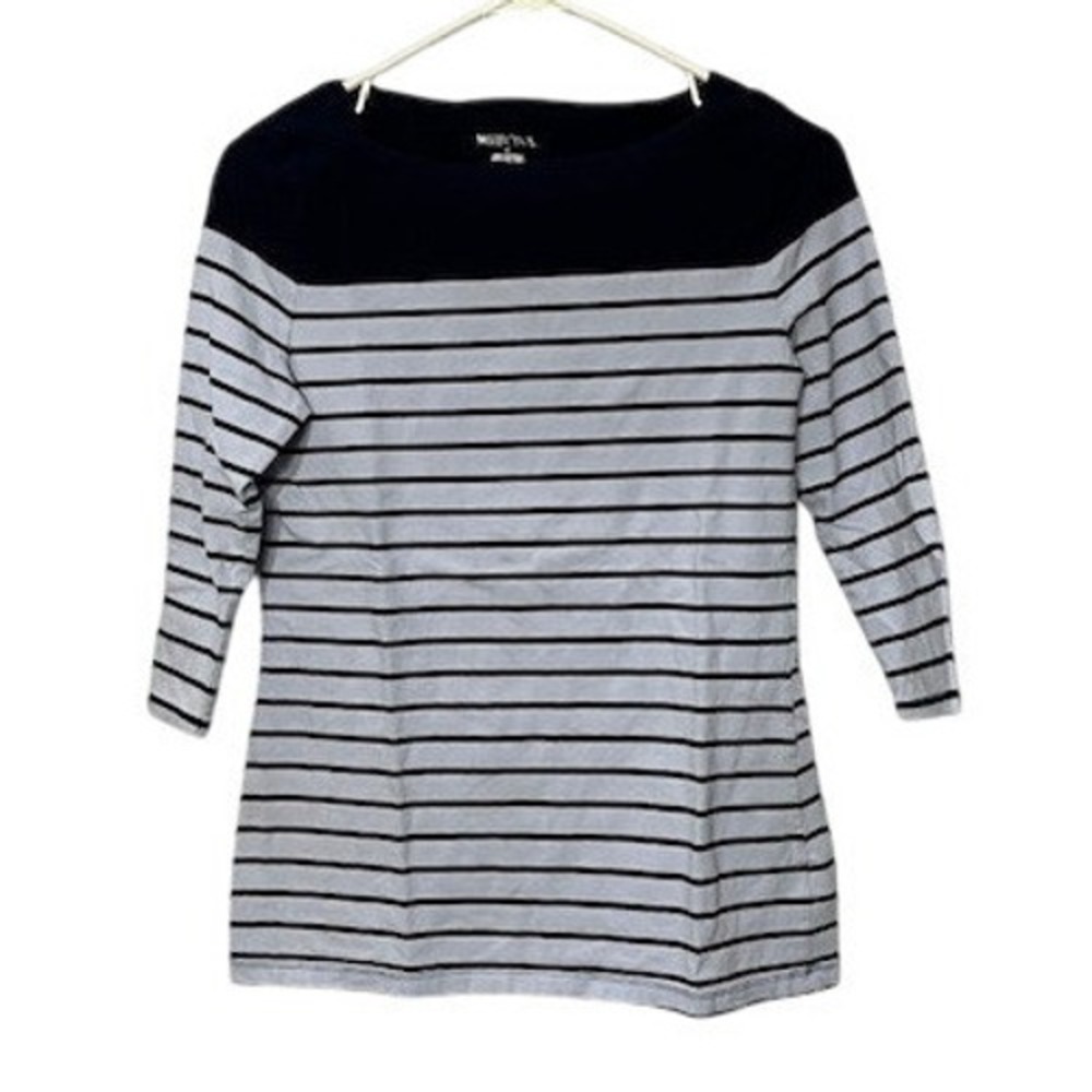 Merona Womens Striped 3/4 Sleeve Boat Neck Top Navy Light Blue Nautical Shirt